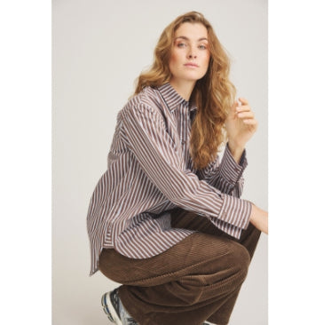 Blouse Gertantu Streep Doorknoop Donkerbruin