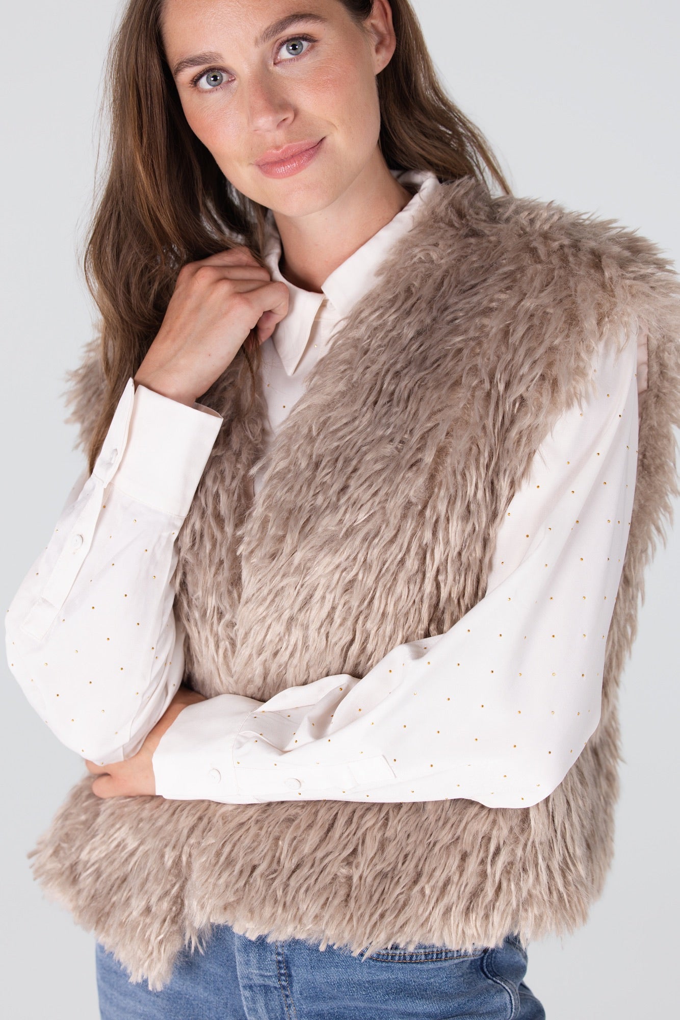 Gilet Fake Fur Harig Zand