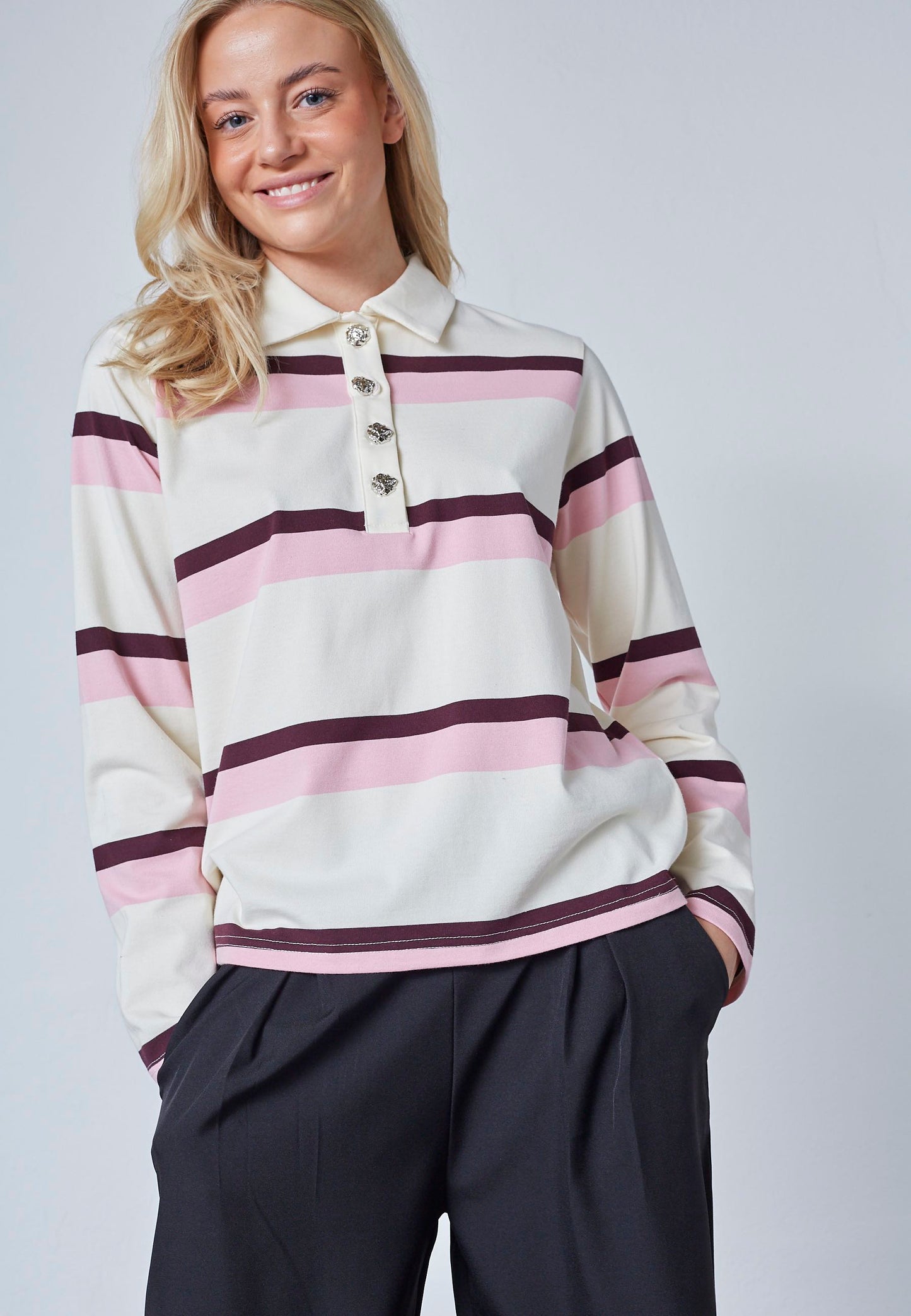 Polo Streep Knopen LS Creme