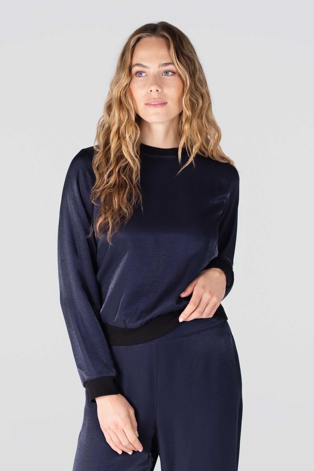 Top Davina Rib Boord LS Donkerblauw