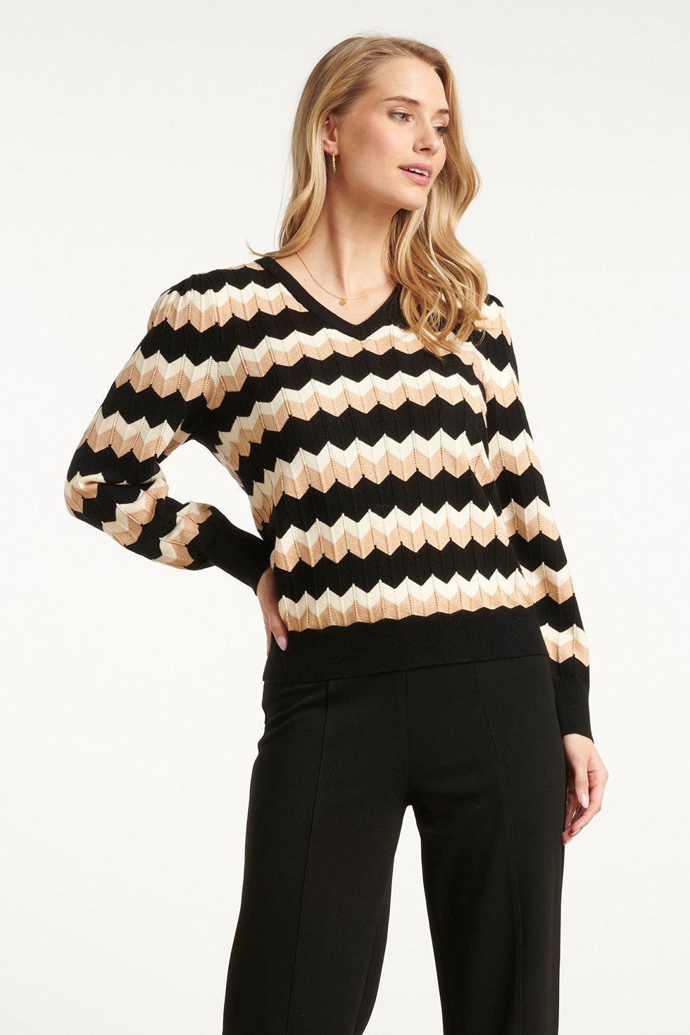 Trui Zigzag V-Hals Zwart / Zand