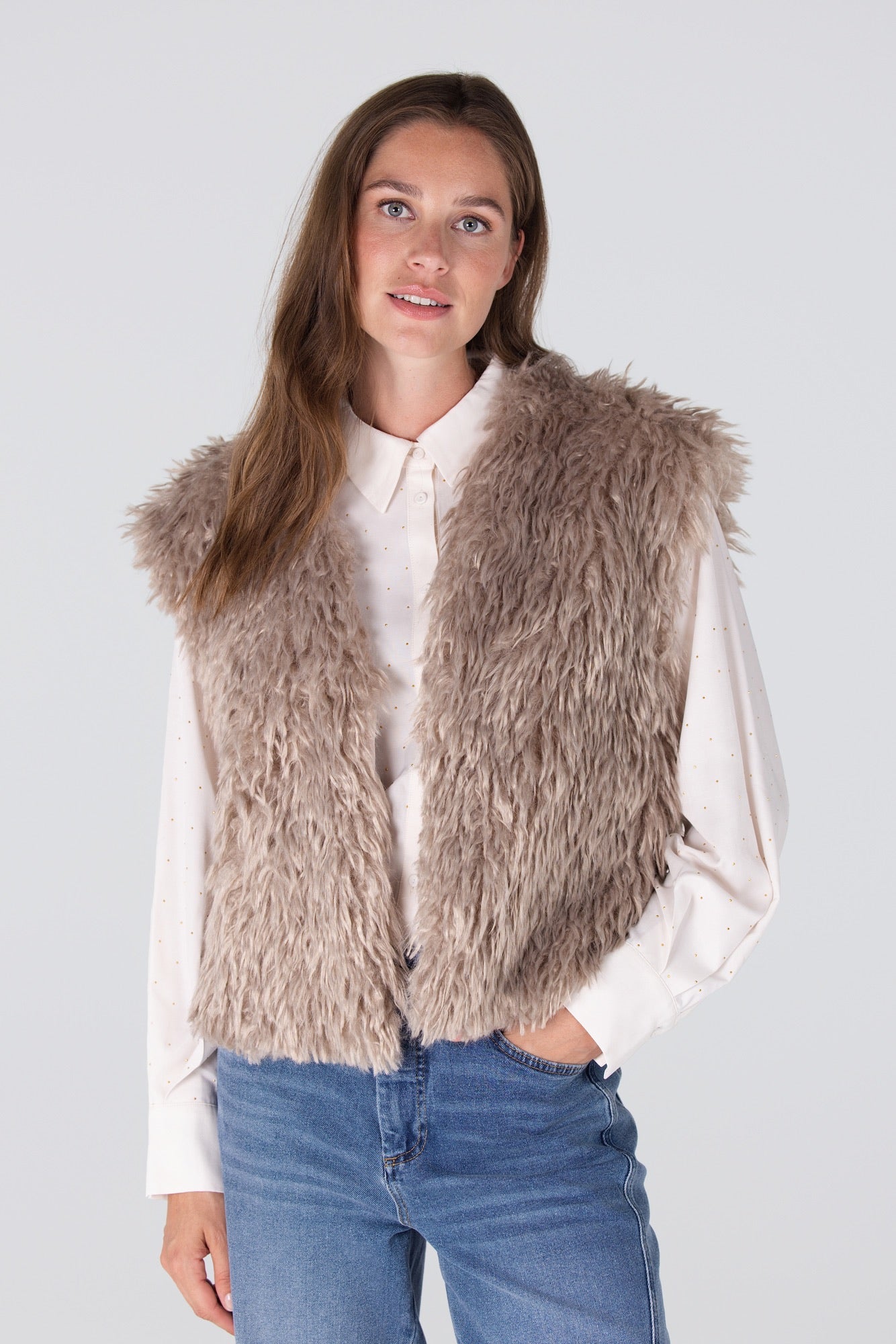 Gilet Fake Fur Harig Zand