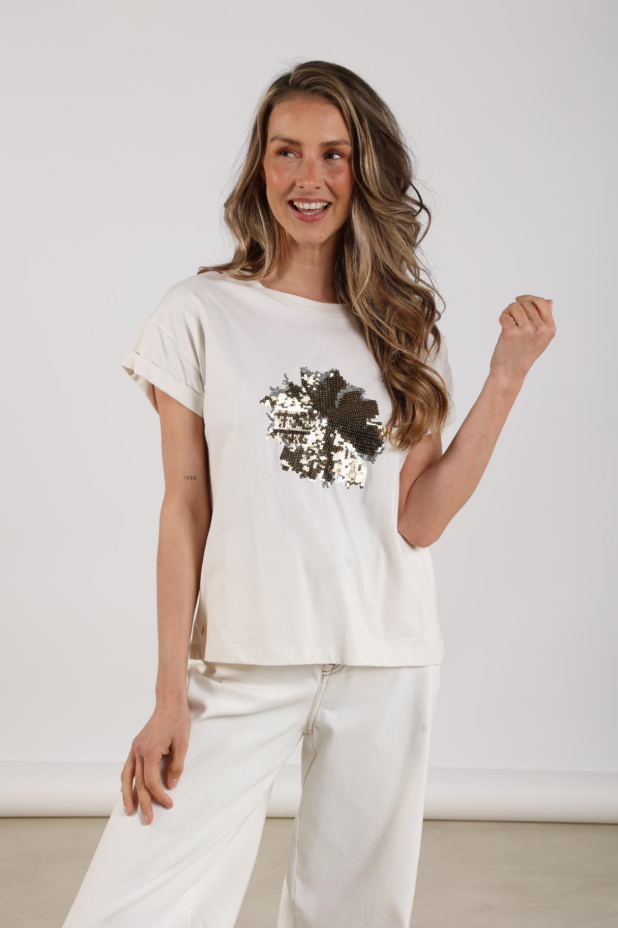 T-Shirt Rimona Paillet Bloem Off White / Gold